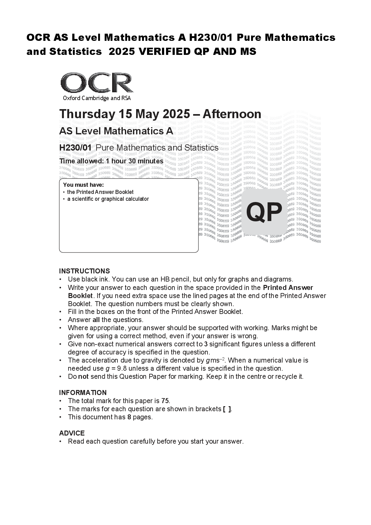 Recommended document preview for OCR AS Level Mathematics A H230/01 Pure Mathematics  and Statistics  2025 VERIFIED QP AND MS