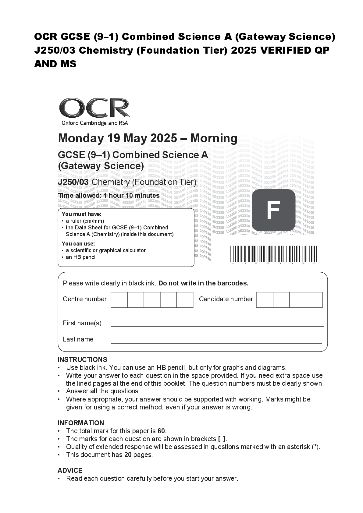 Preview of OCR GCSE (9–1) Combined Science A (Gateway Science)  J250/03 Chemistry (Foundation Tier) 2025 VERIFIED QP  AND MS