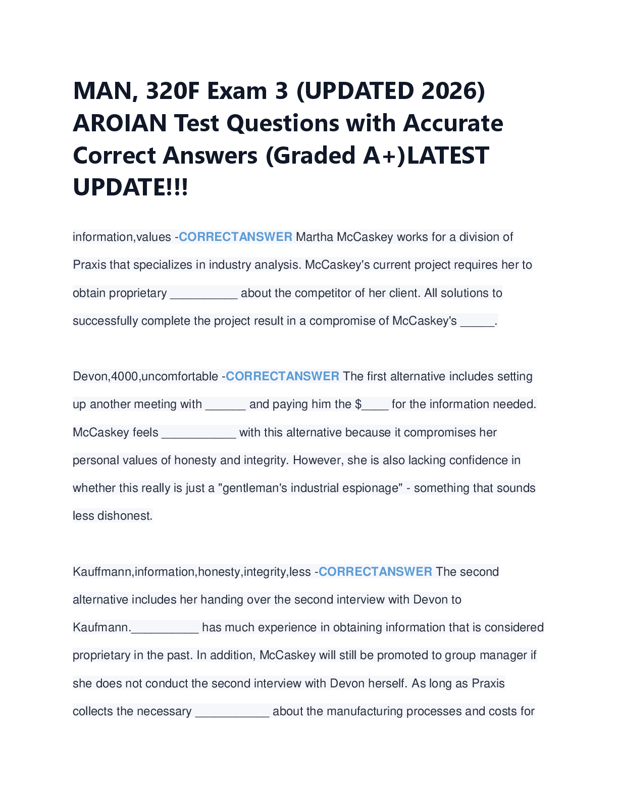 Recommended document preview for MAN, 320F Exam 3 (UPDATED 2026)  AROIAN Test Questions with Accurate  Correct Answers (Graded A+)LATEST  UPDATE!!!