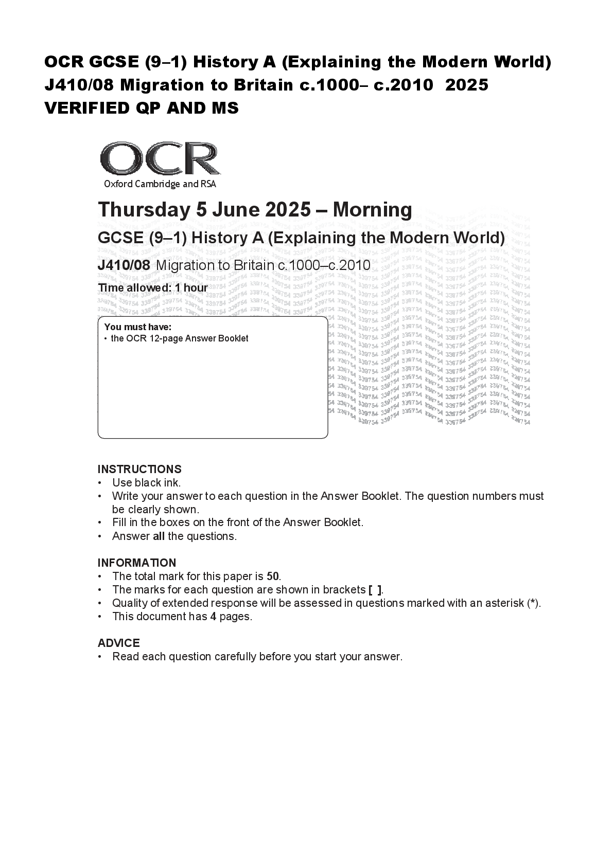 Recommended document preview for OCR GCSE (9–1) History A (Explaining the Modern World)  J410/08 Migration to Britain c.1000– c.2010  2025  VERIFIED QP AND MS