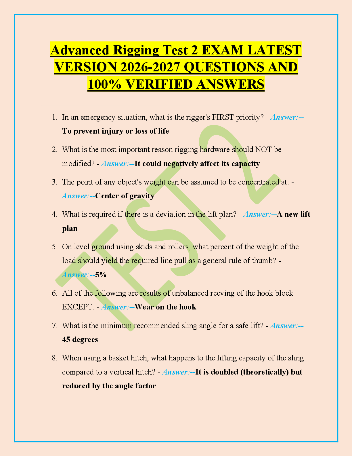 Recommended document preview for Advanced Rigging Test 2 EXAM LATEST VERSION 2026-2027 QUESTIONS AND 100% VERIFIED ANSWERS