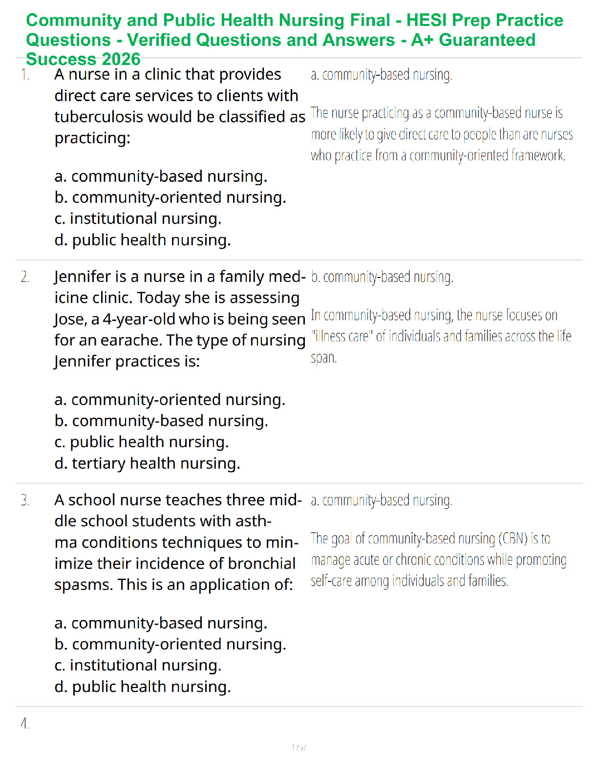 Recommended document preview for Community and Public Health Nursing Final - HESI Prep Practice Questions - Verified Questions and Answers - A+ Guaranteed Success 2026