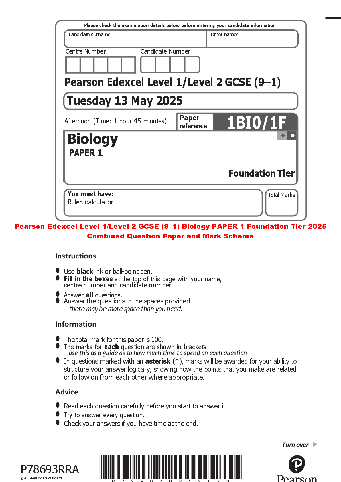 Recommended document preview for Pearson Edexcel Level 1/Level 2 GCSE (9–1) Biology PAPER 1 Foundation Tier 2025 Combined Question Paper and Mark Scheme
