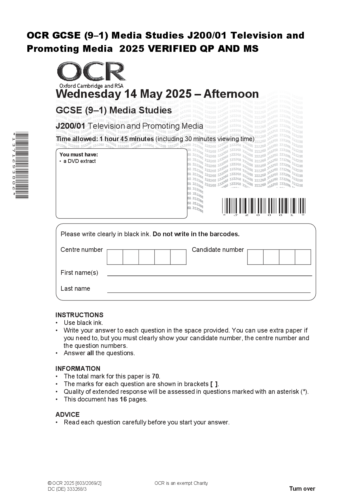 Recommended document preview for OCR GCSE (9–1) Media Studies J200/01 Television and  Promoting Media  2025 VERIFIED QP AND MS