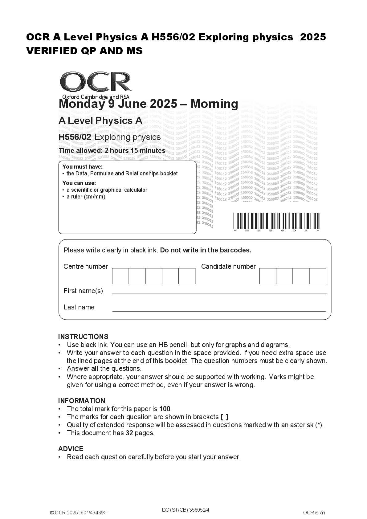 Recommended document preview for OCR A Level Physics A H556/02 Exploring physics  2025  VERIFIED QP AND MS