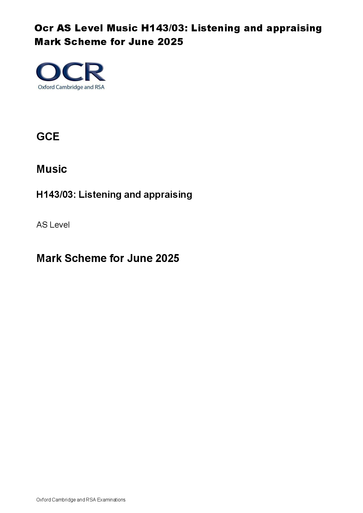 Recommended document preview for Ocr AS Level Music H143/03: Listening and appraising  Mark Scheme for June 2025