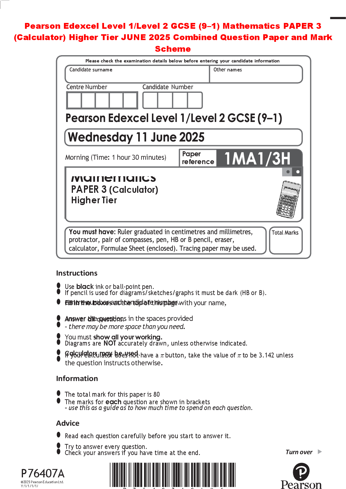 Preview of Pearson Edexcel Level 1/Level 2 GCSE (9–1) Mathematics PAPER 3 (Calculator) Higher Tier JU