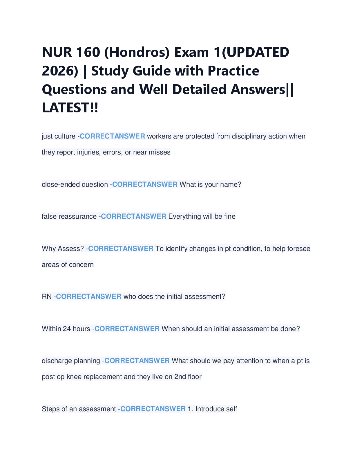 Recommended document preview for NUR 160 (Hondros) Exam 1(UPDATED  2026) | Study Guide with Practice  Questions and Well Detailed Answers||  LATEST!!
