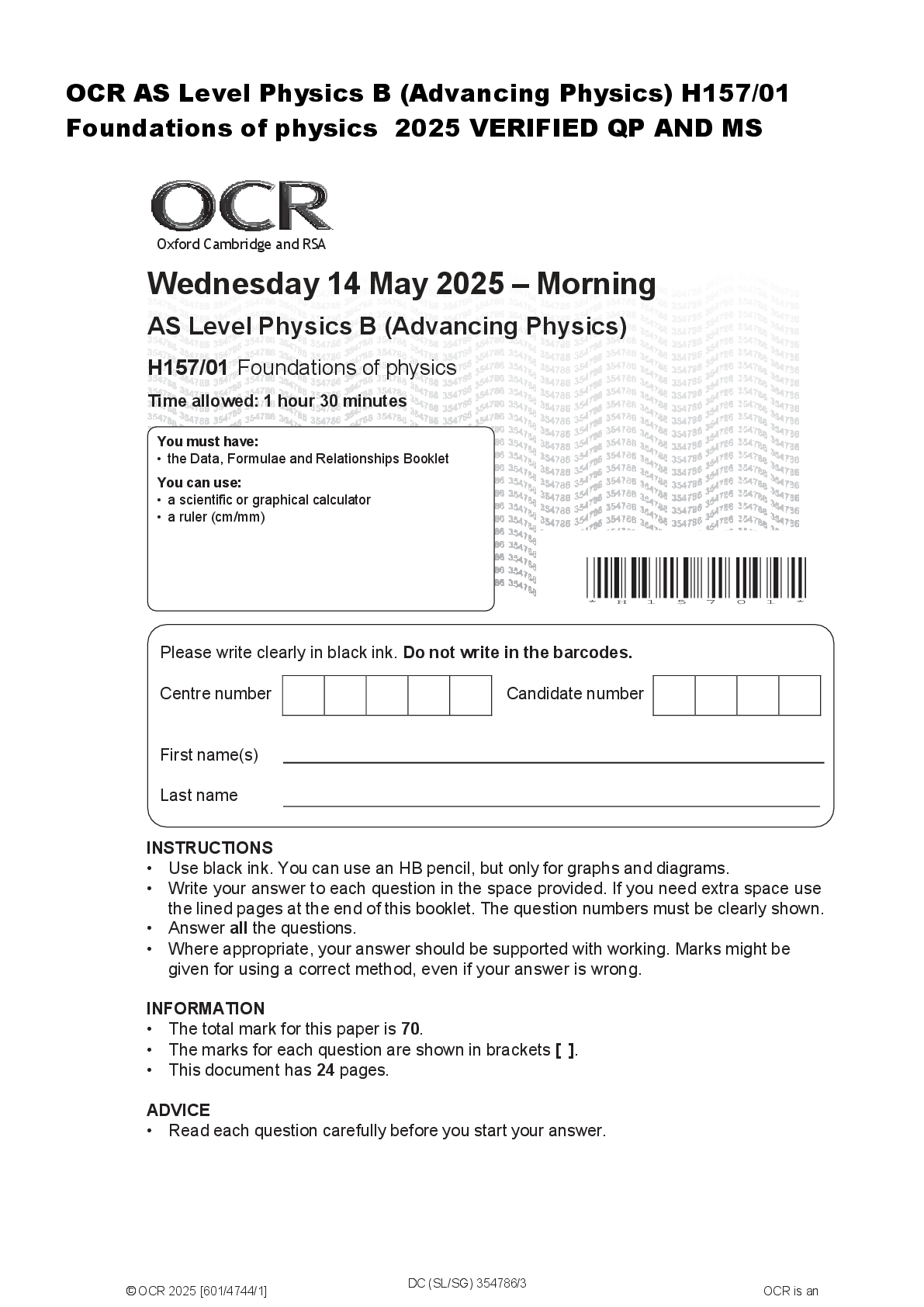 Recommended document preview for OCR AS Level Physics B (Advancing Physics) H157/01  Foundations of physics  2025 VERIFIED QP AND MS