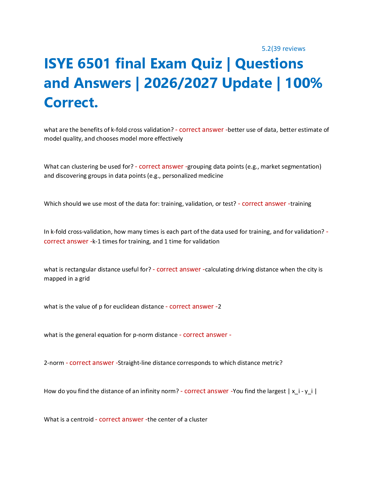 Recommended document preview for ISYE 6501 final Exam Quiz | Questions  and Answers | 2026/2027 Update | 100%  Correct.