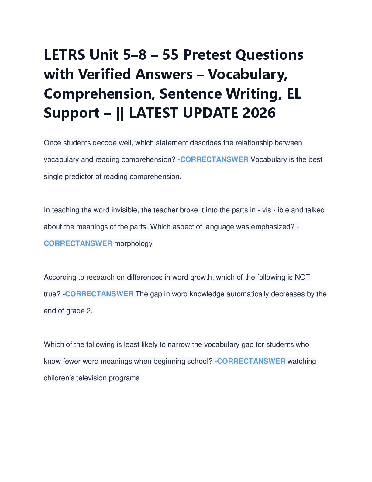Recommended document preview for LETRS Unit 5–8 – 55 Pretest Questions  with Verified Answers – Vocabulary,  Comprehension, Sentence Writing, EL  Support – || LATEST UPDATE 2026