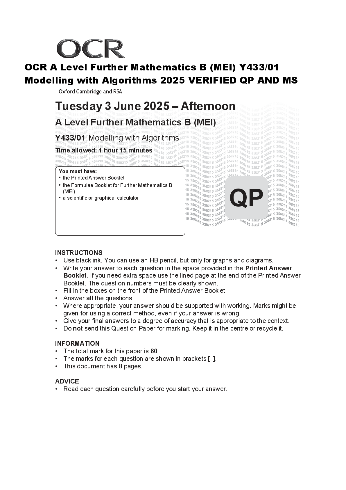 Preview of OCR A Level Further Mathematics B (MEI) Y433/01  Modelling with Algorithms 2025 VERIFIED QP AND MS
