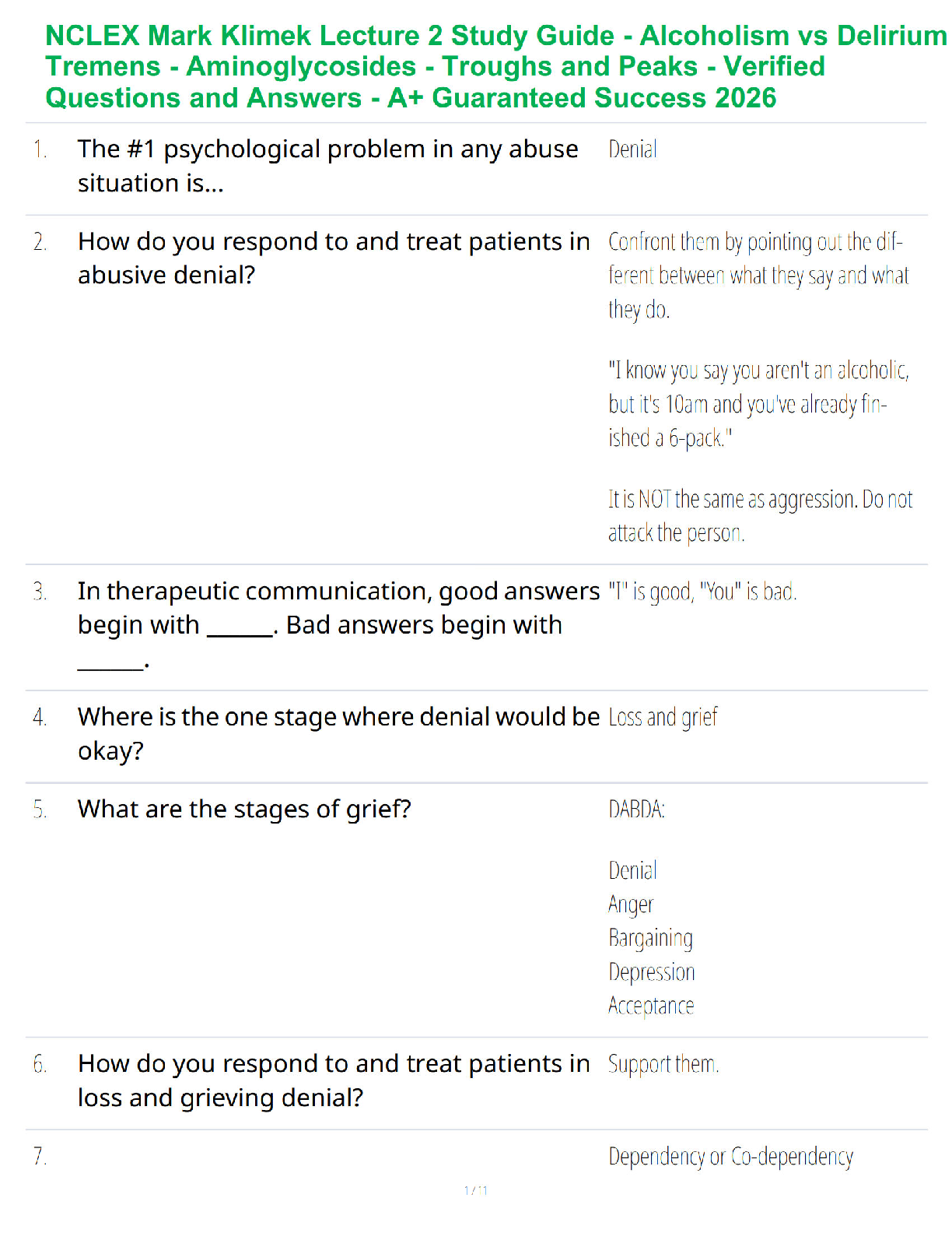 Recommended document preview for NCLEX Mark Klimek Lecture 2 Study Guide - Alcoholism vs Delirium Tremens - Aminoglycosides - Troughs and Peaks - Verified Questions and Answers - A+ Guaranteed Success 2026