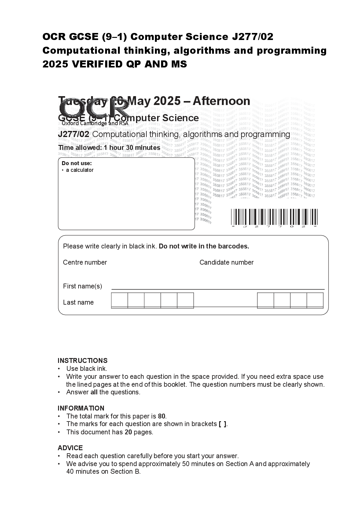 Preview of OCR GCSE (9–1) Computer Science J277/02  Computational thinking, algorithms and programmin