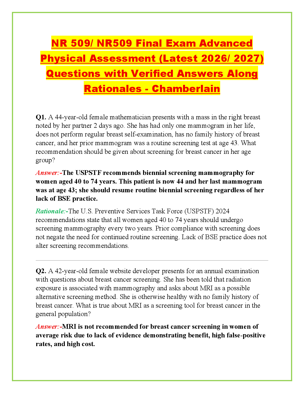 Recommended document preview for NR 509/ NR509 Final Exam Advanced Physical Assessment (Latest 2026/ 2027) Questions with Verified Answers Along Rationales - Chamberlain