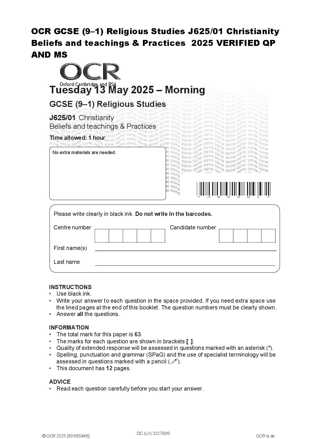 Recommended document preview for OCR GCSE (9–1) Religious Studies J625/01 Christianity  Beliefs and teachings & Practices  2025 VERIFIED QP  AND