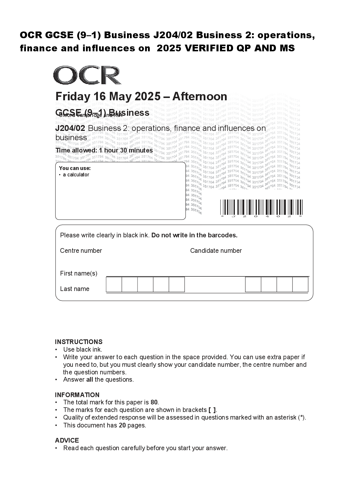 Preview of OCR GCSE (9–1) Business J204/02 Business 2: operations,  finance and influences on  2025 V