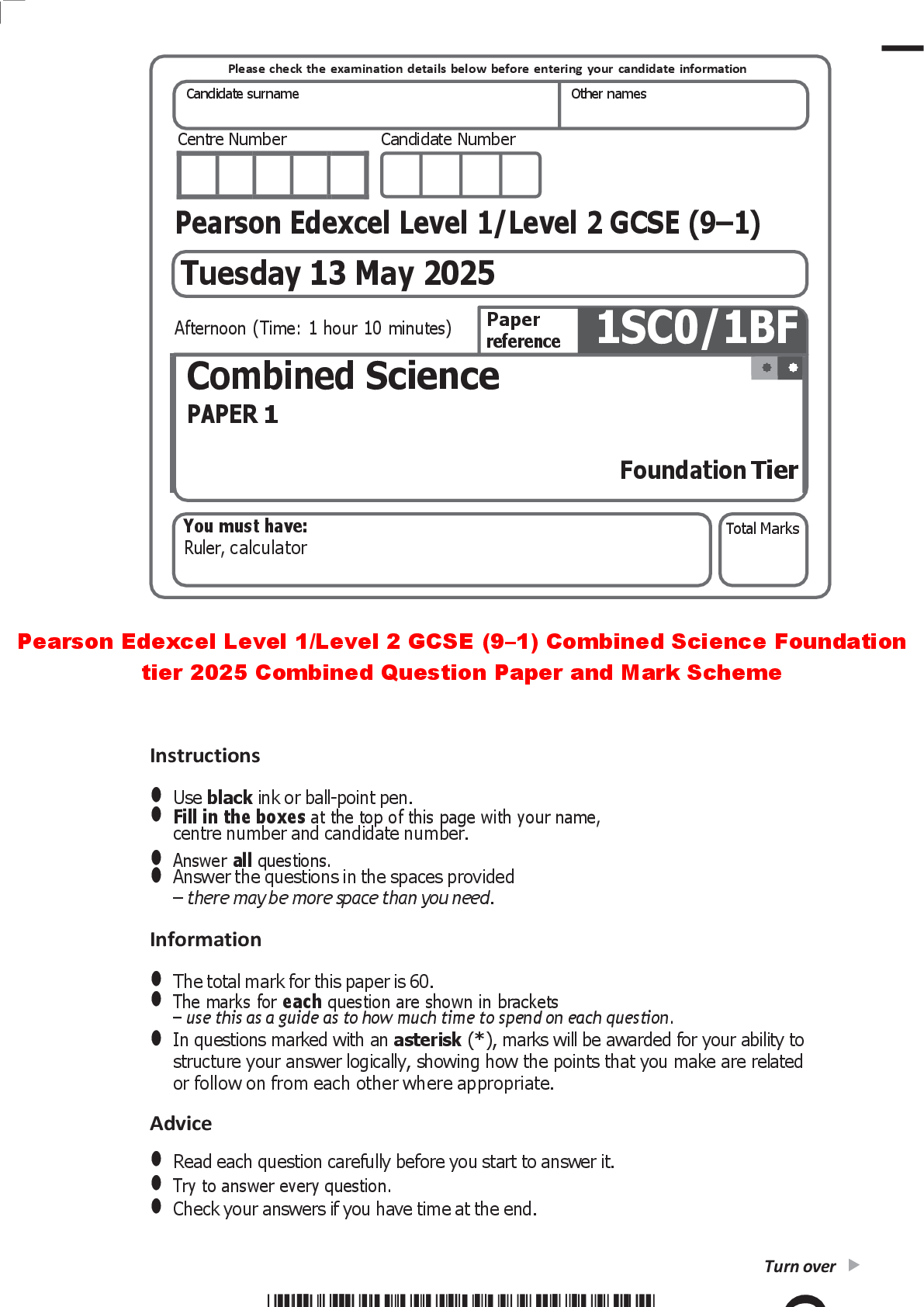 Preview of Pearson Edexcel Level 1/Level 2 GCSE (9–1) Combined Science Foundation tier 2025 Combined