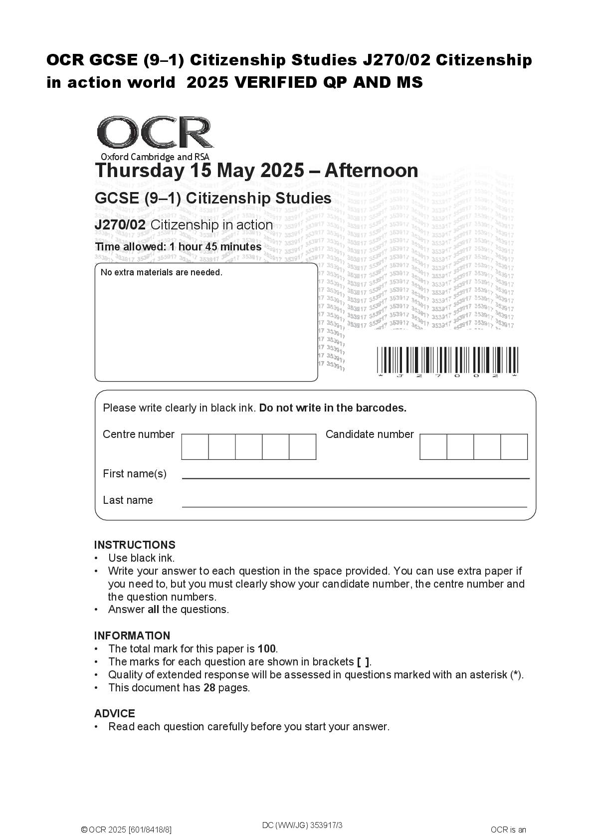 Recommended document preview for OCR GCSE (9–1) Citizenship Studies J270/02 Citizenship  in action world  2025 VERIFIED QP AND MS
