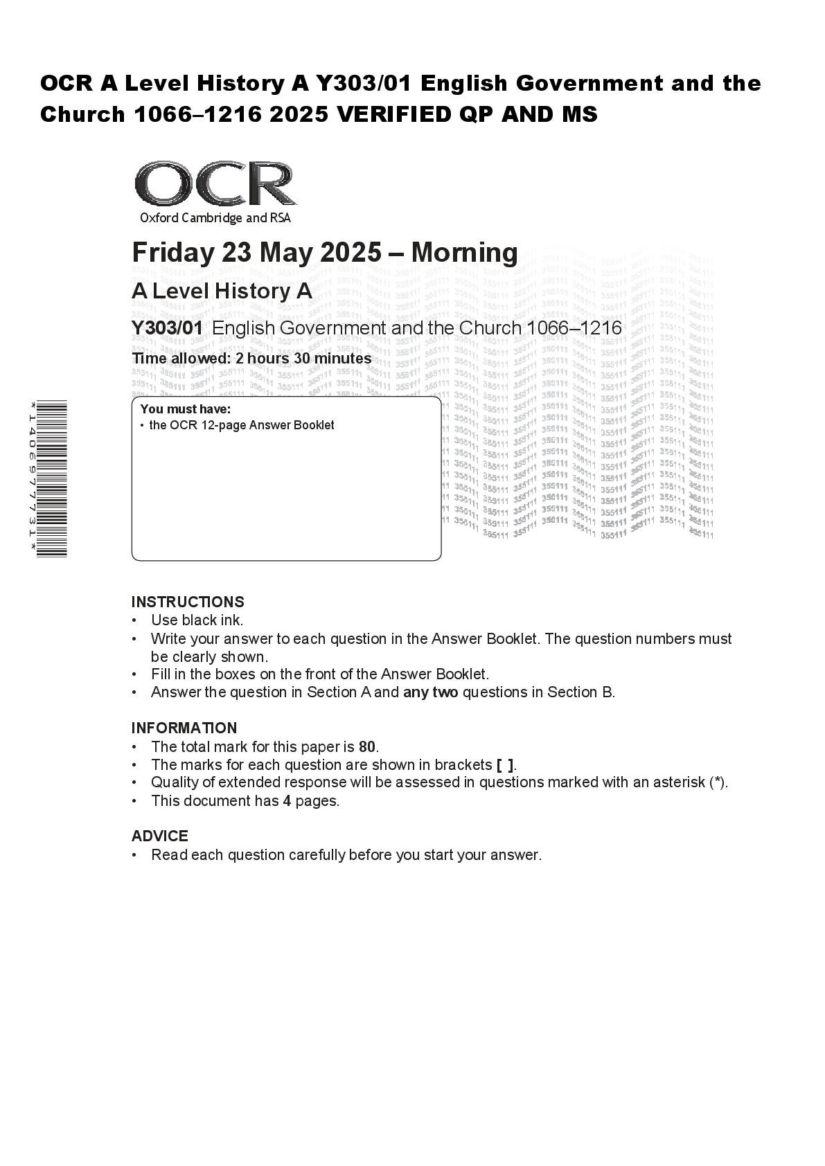 Preview of OCR A Level History A Y303/01 English Government and the  Church 1066–1216 2025 VERIFIED Q
