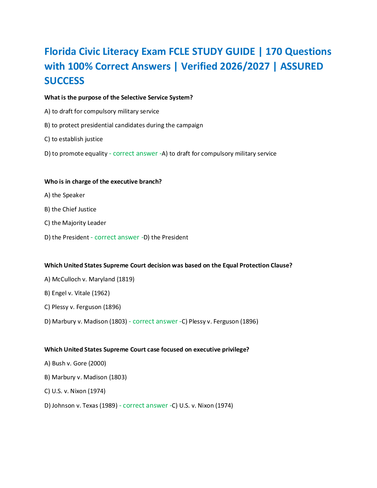 Recommended document preview for Florida Civic Literacy Exam FCLE STUDY GUIDE | 170 Questions  with 100% Correct Answers | Verified 2026/2027 | ASSURED  SUCCESS