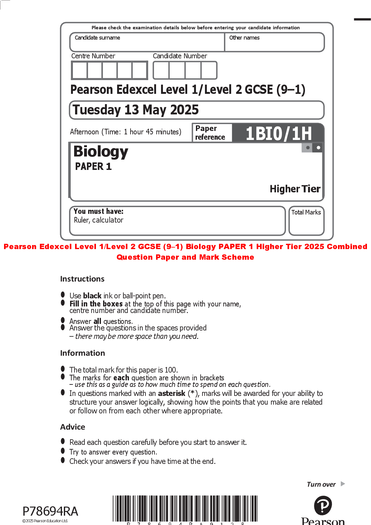 Recommended document preview for Pearson Edexcel Level 1/Level 2 GCSE (9–1) Biology PAPER 1 Higher Tier 2025 Combined Question Paper and Mark Scheme