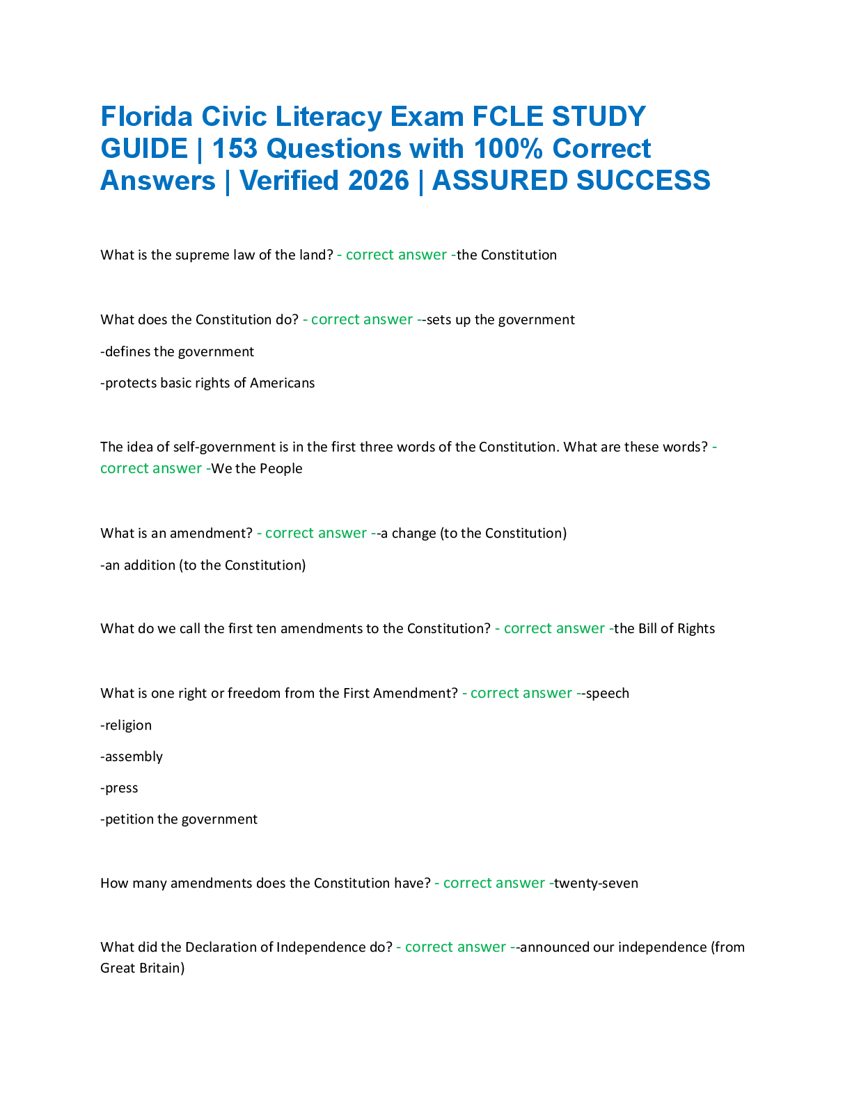 Recommended document preview for Florida Civic Literacy Exam FCLE STUDY  GUIDE | 153 Questions with 100% Correct  Answers | Verified 2026 | ASSURED SUCCESS