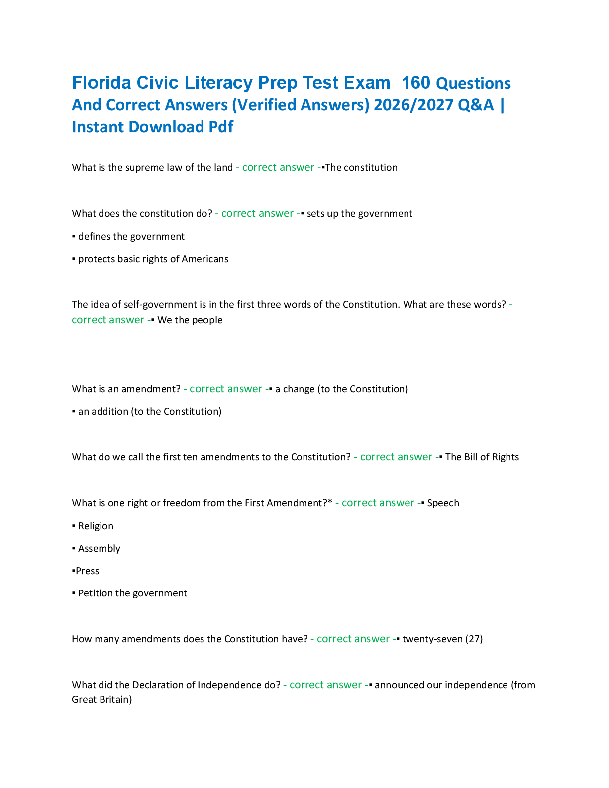 Preview of Florida Civic Literacy Prep Test Exam  160 Questions  And Correct Answers (Verified Answer