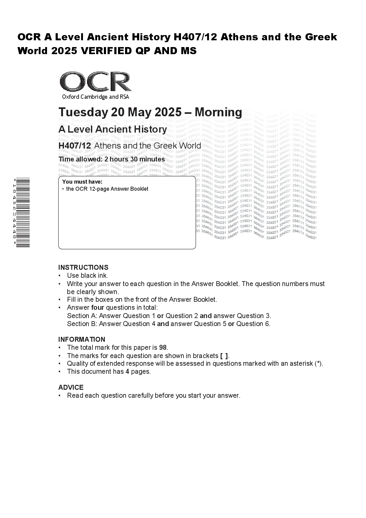 Recommended document preview for OCR A Level Ancient History H407/12 Athens and the Greek  World 2025 VERIFIED QP AND MS