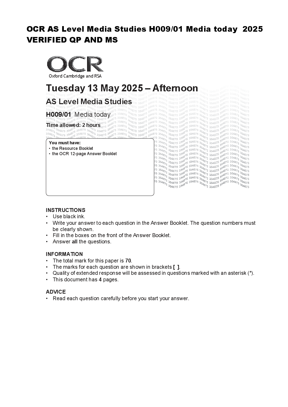 Recommended document preview for OCR AS Level Media Studies H009/01 Media today  2025  VERIFIED QP AND MS