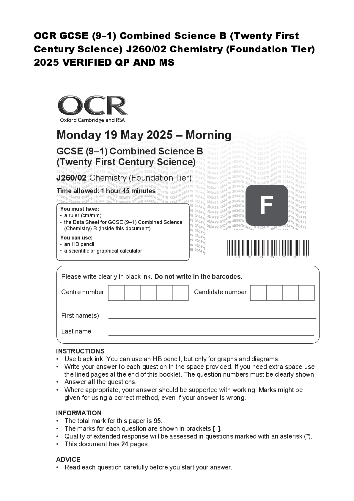 Preview of OCR GCSE (9–1) Combined Science B (Twenty First  Century Science) J260/02 Chemistry (Foundation Tier)  2025 VERIFIED QP AND MS