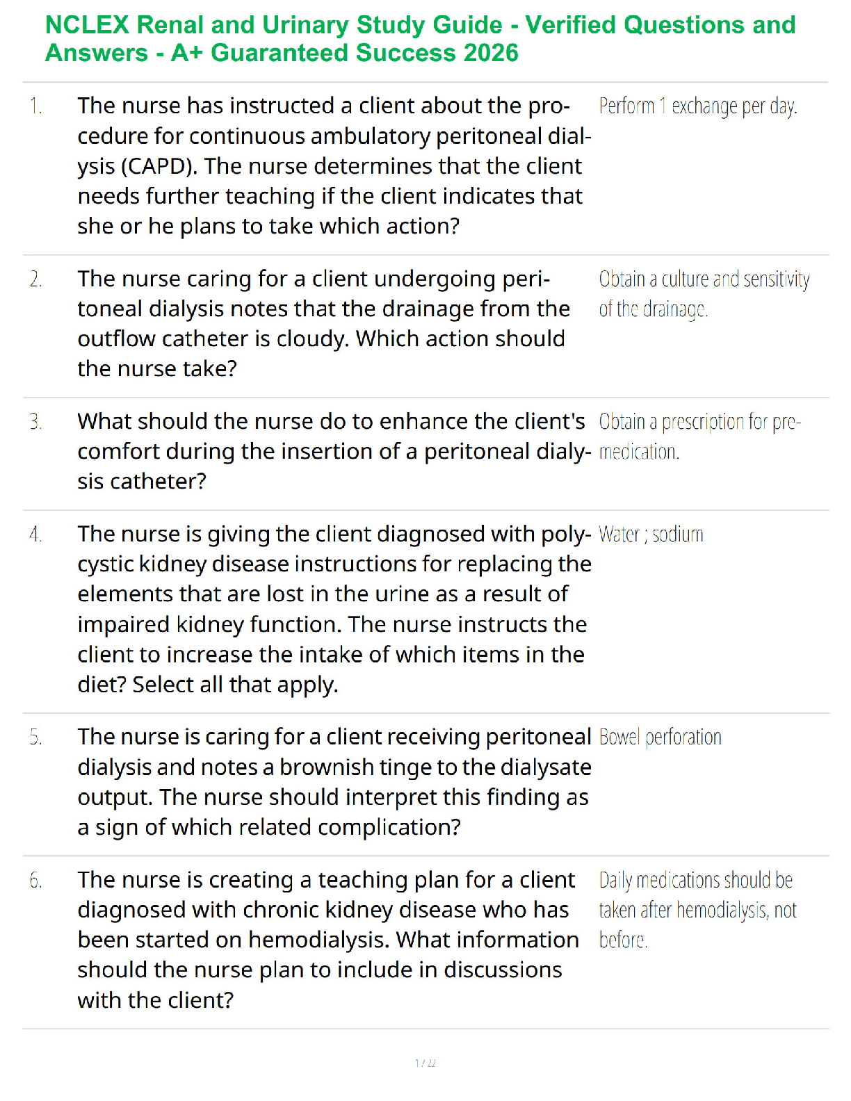 Recommended document preview for NCLEX Renal and Urinary Study Guide - Verified Questions and Answers - A+ Guaranteed Success 2026