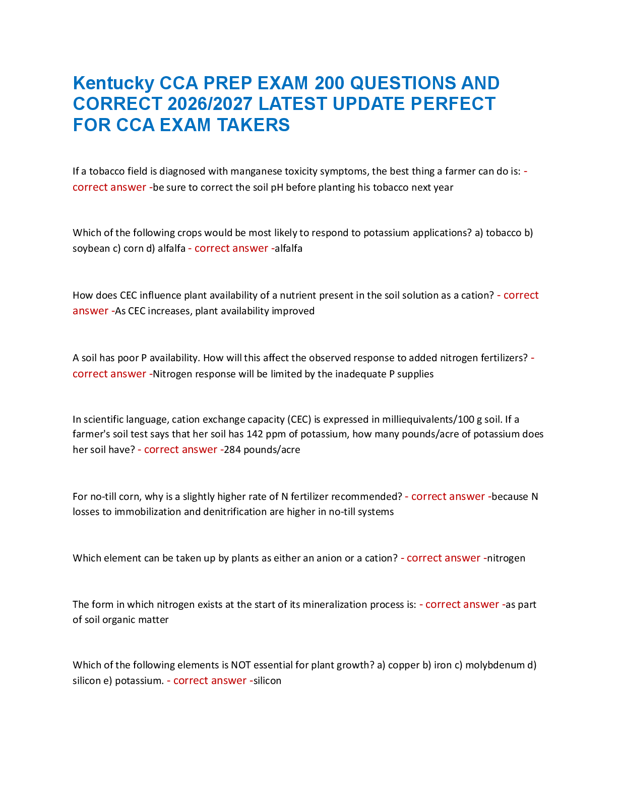 Kentucky CCA PREP EXAM 200 QUESTIONS AND  CORRECT 2026/2027 LATEST UPDATE PERFECT  FOR CCA EXAM TAKERS