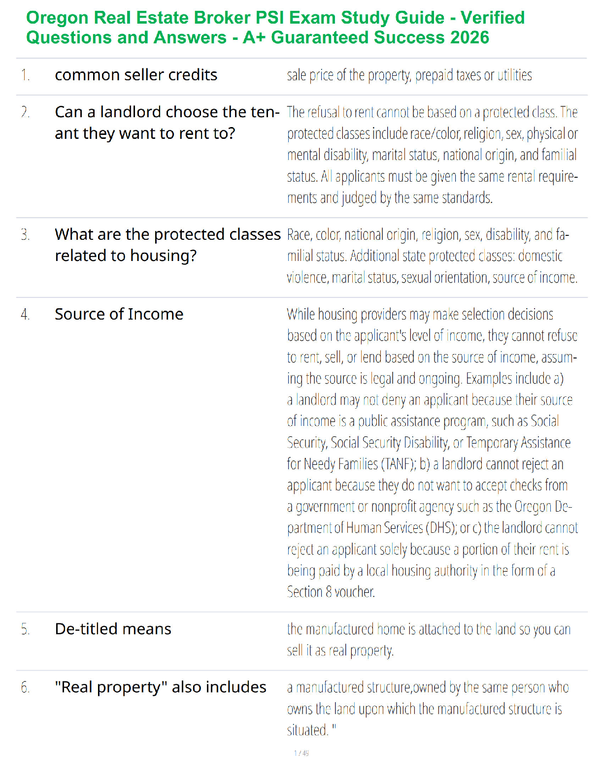 Preview of Oregon Real Estate Broker PSI Exam Study Guide - Verified Questions and Answers - A+ Guara