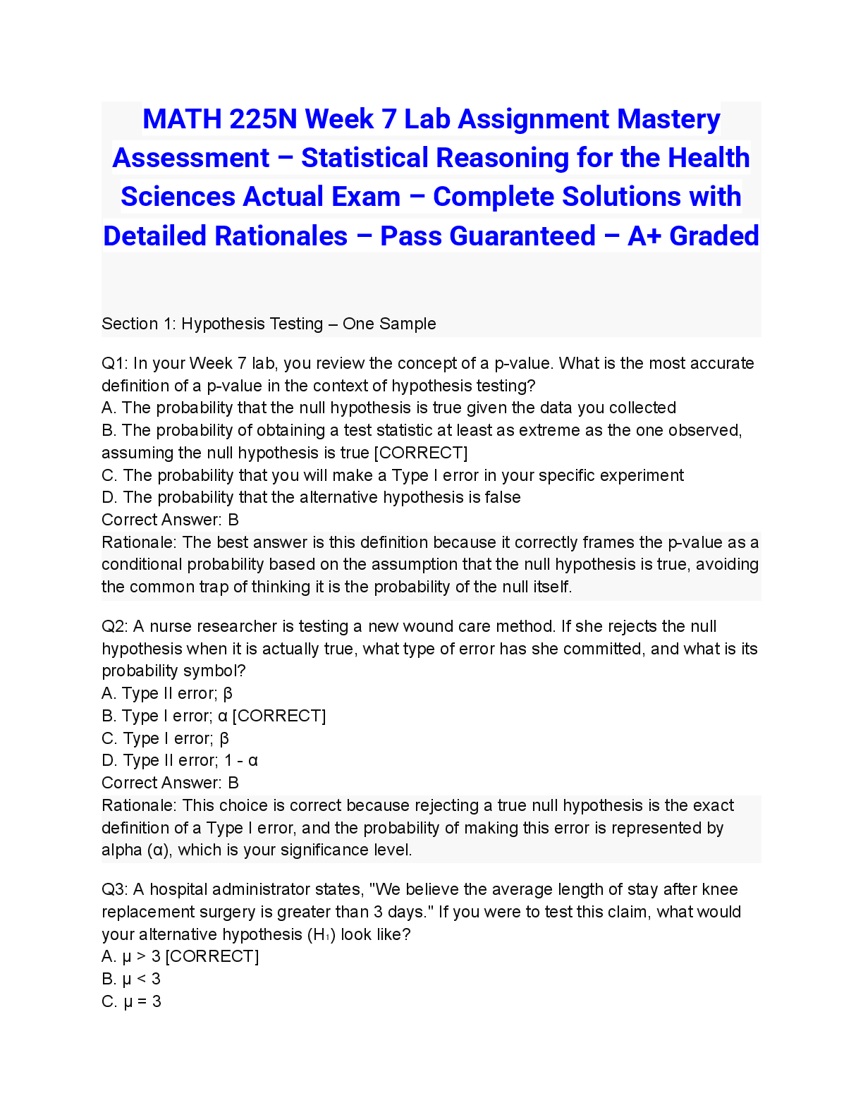 MATH 225N Week 7 Lab Assignment Mastery Assessment – Statistical Reasoning for the Health Sciences Actual Exam 2026/2027 – Complete Solutions with Detailed Rationales – Pass Guaranteed – A+ Graded