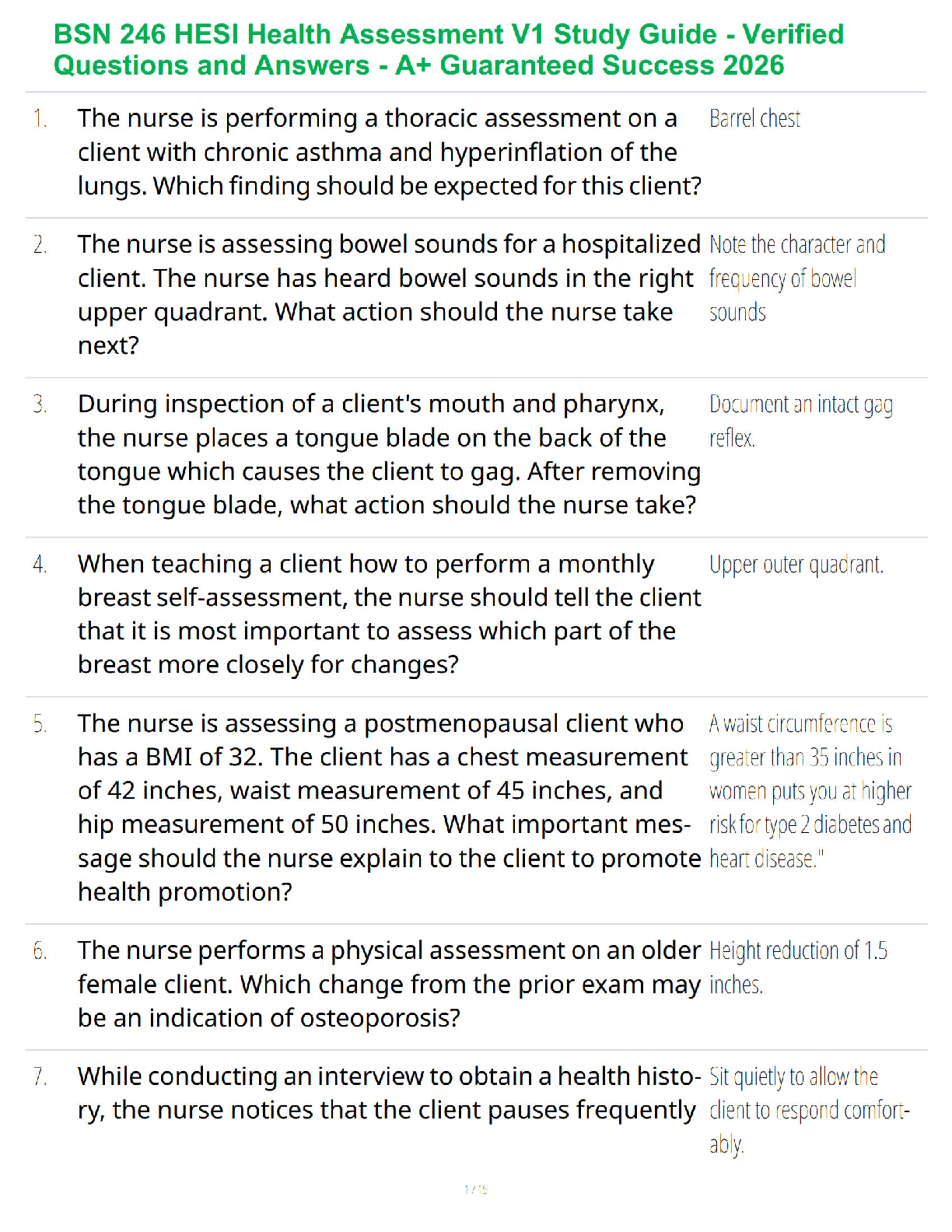 Preview of BSN 246 HESI Health Assessment V1 Study Guide - Verified Questions and Answers - A+ Guaran