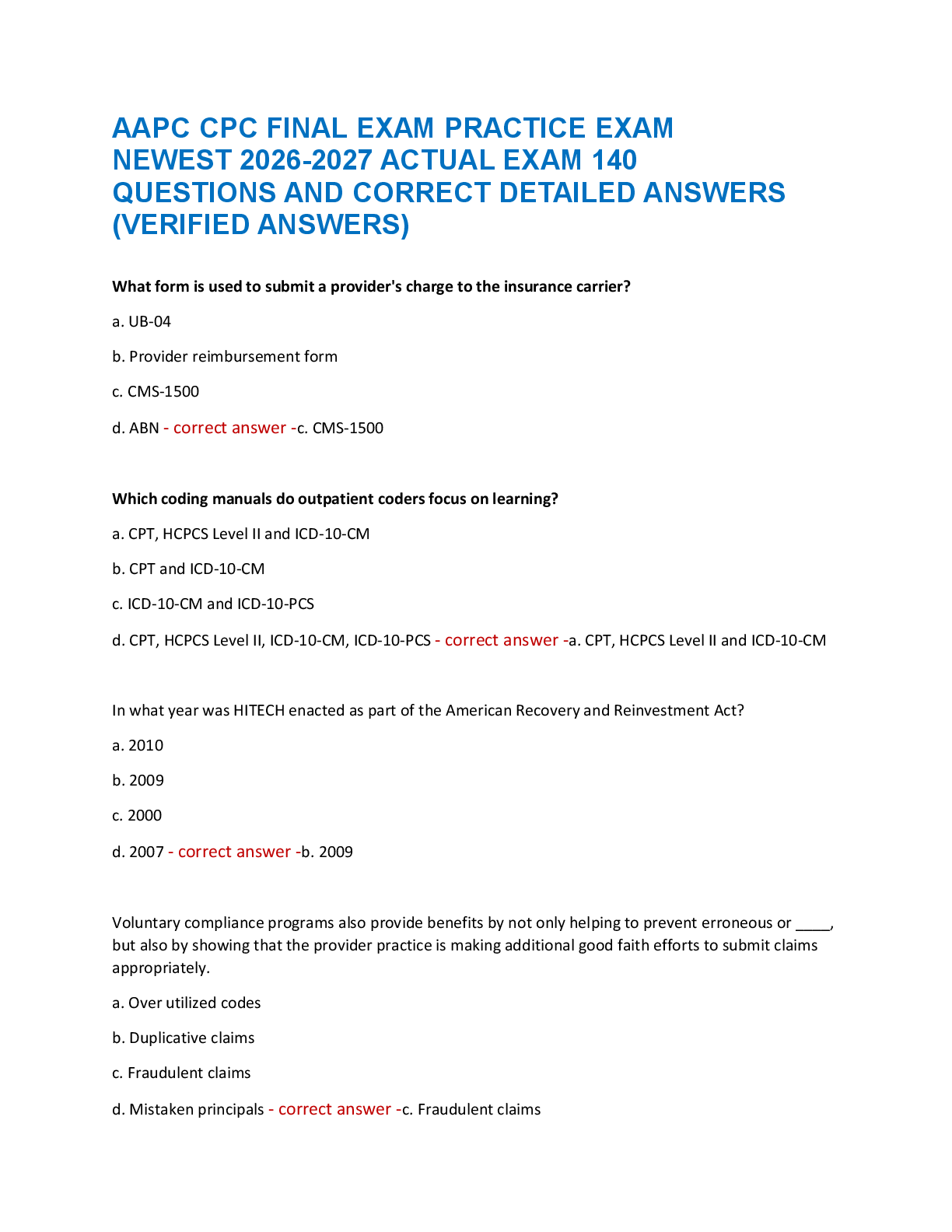 Recommended document preview for AAPC CPC FINAL EXAM PRACTICE EXAM  NEWEST 2026-2027 ACTUAL EXAM 140  QUESTIONS AND CORRECT DETAILED ANSWERS  (VERIFIED ANSWERS
