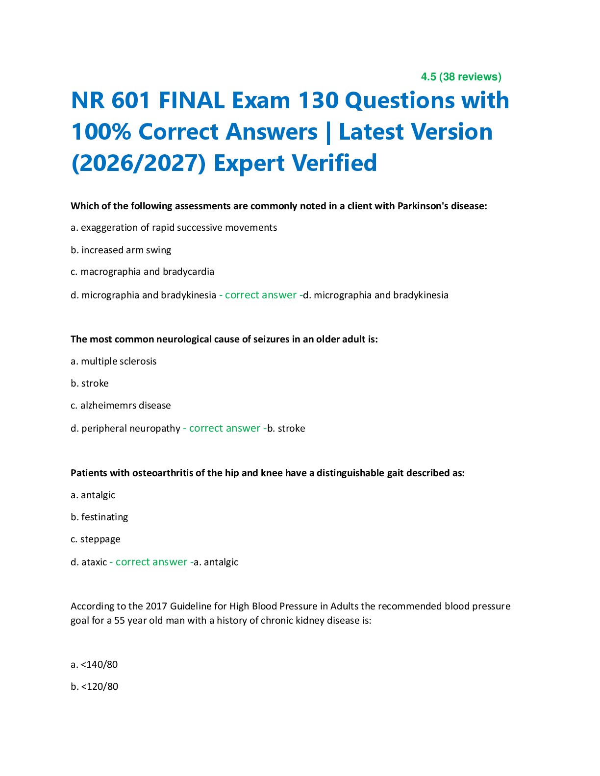 Recommended document preview for NR 601 FINAL Exam 130 Questions with  100% Correct Answers | Latest Version  (2026/2027) Expert Verified