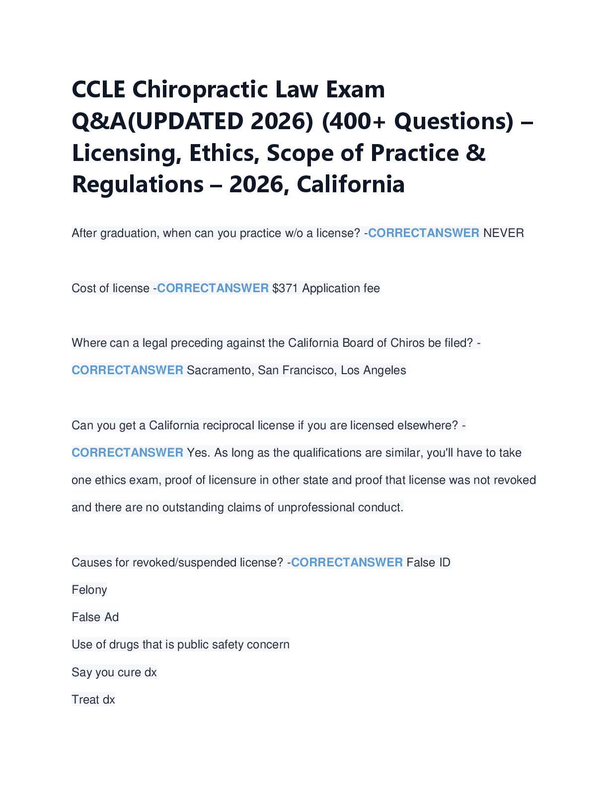 Recommended document preview for CCLE Chiropractic Law Exam  Q&A(UPDATED 2026) (400+ Questions) –  Licensing, Ethics, Scope of Practice &  Regulations – 2026, California