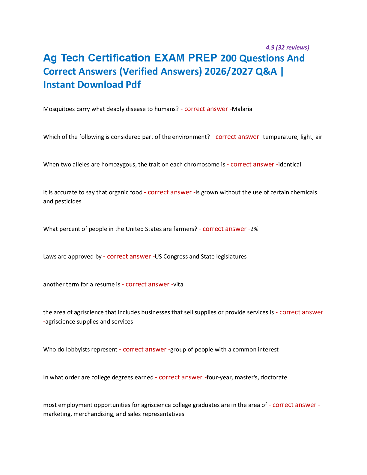 Preview of Ag Tech Certification EXAM PREP 200 Questions And  Correct Answers (Verified Answers) 2026