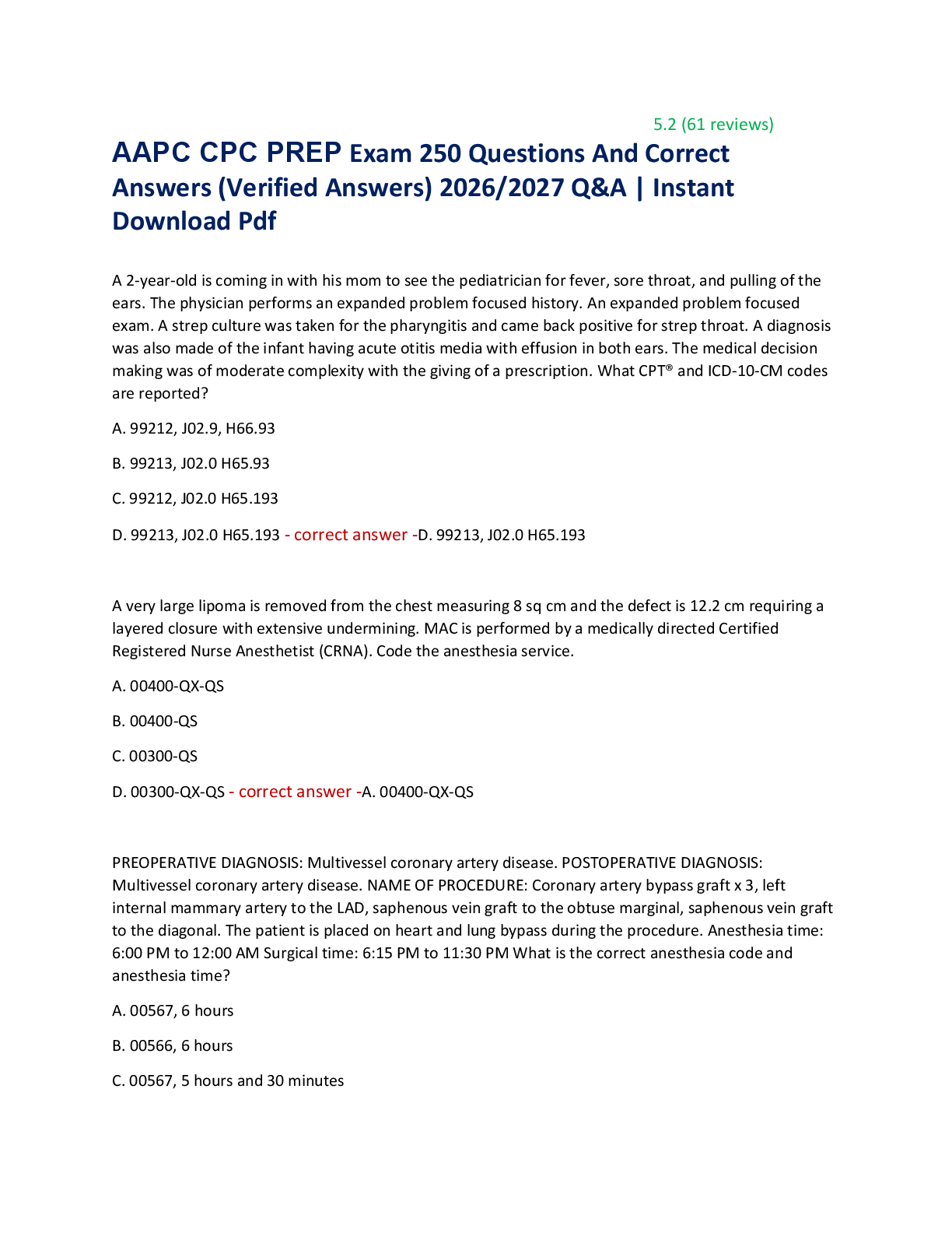 Recommended document preview for AAPC CPC PREP Exam 250 Questions And Correct  Answers (Verified Answers) 2026/2027 Q&A | Instant  Download Pdf