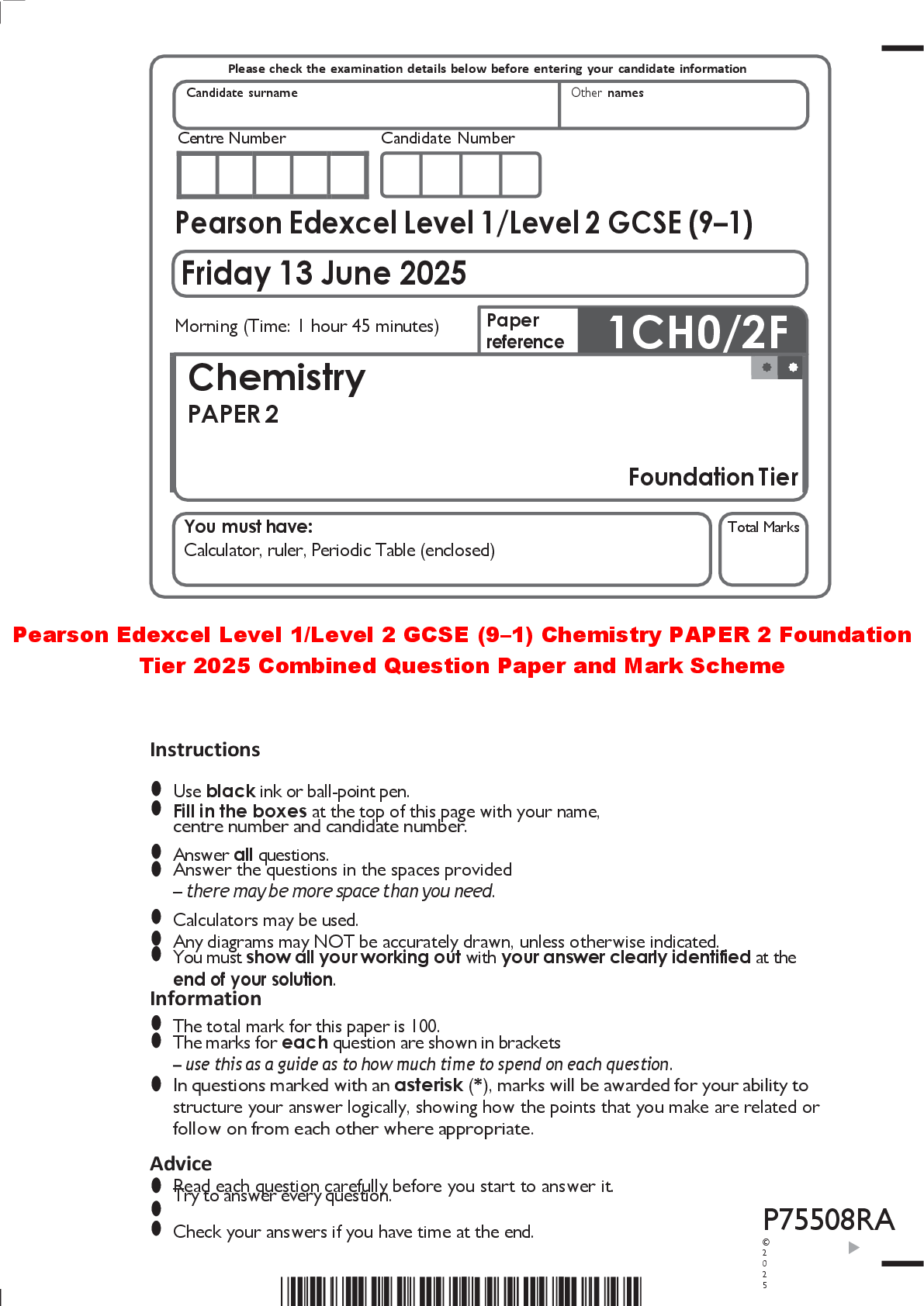 Preview of Pearson Edexcel Level 1/Level 2 GCSE (9–1) Chemistry PAPER 2 Foundation Tier 2025 Combined