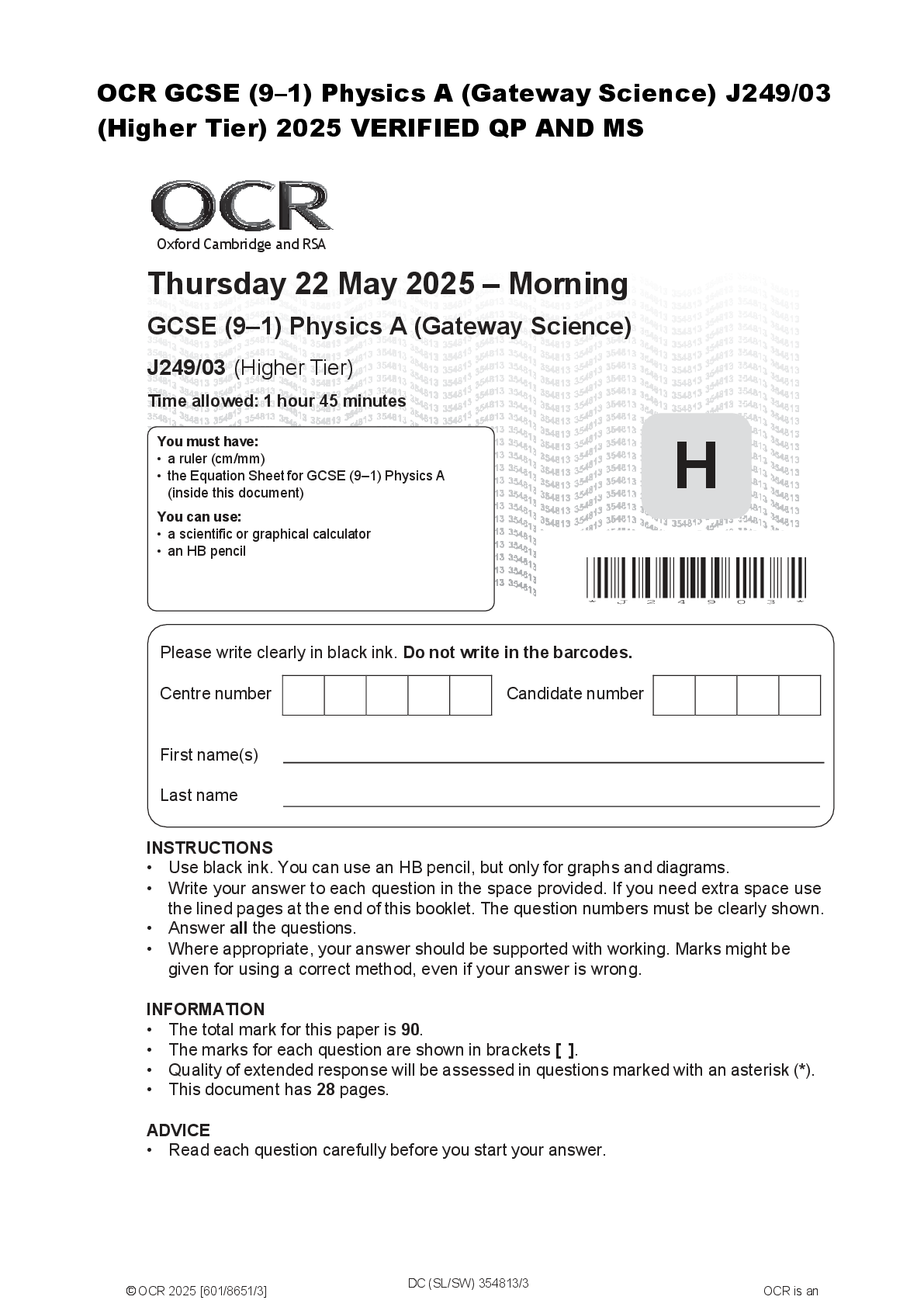 Preview image for OCR GCSE (9–1) Physics A (Gateway Science) J249/03  (Higher Tier) 2025 VERIFIED QP AND MS