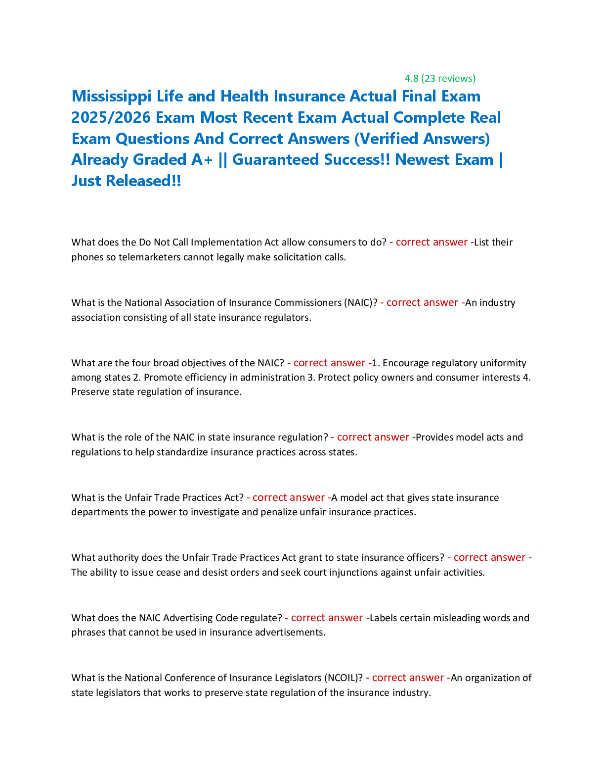 Preview of Mississippi Life and Health Insurance Actual Final Exam  2025/2026 Exam Most Recent Exam A