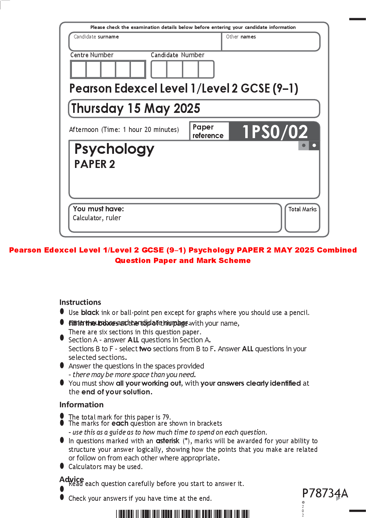 Recommended document preview for Pearson Edexcel Level 1/Level 2 GCSE (9–1) Psychology PAPER 2 MAY 2025 Combined Question Paper and Mark Scheme