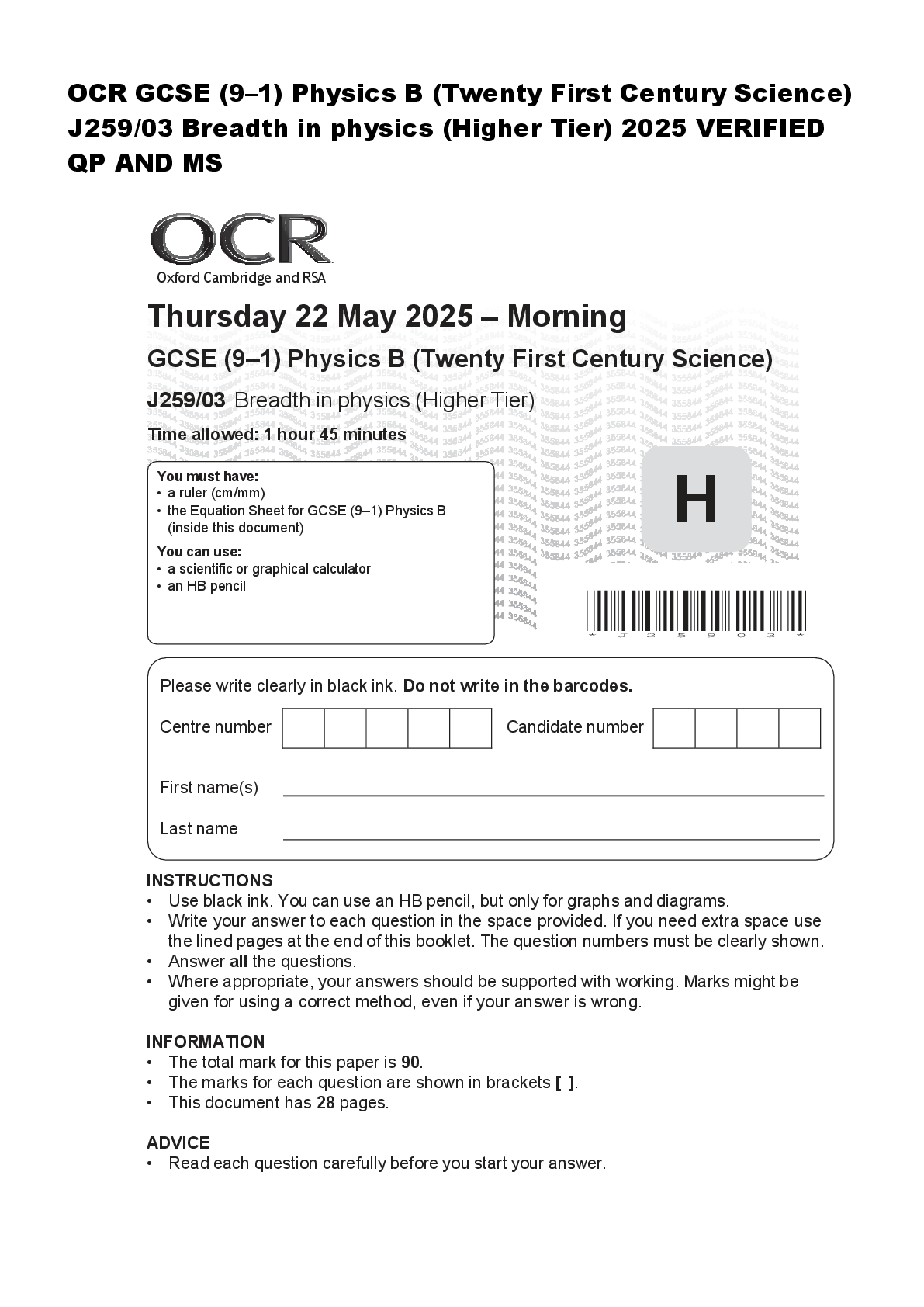 Recommended document preview for OCR GCSE (9–1) Physics B (Twenty First Century Science)  J259/03 Breadth in physics (Higher Tier) 2025 VERIFIED  QP AND MS  Oxford Cambridge and RS
