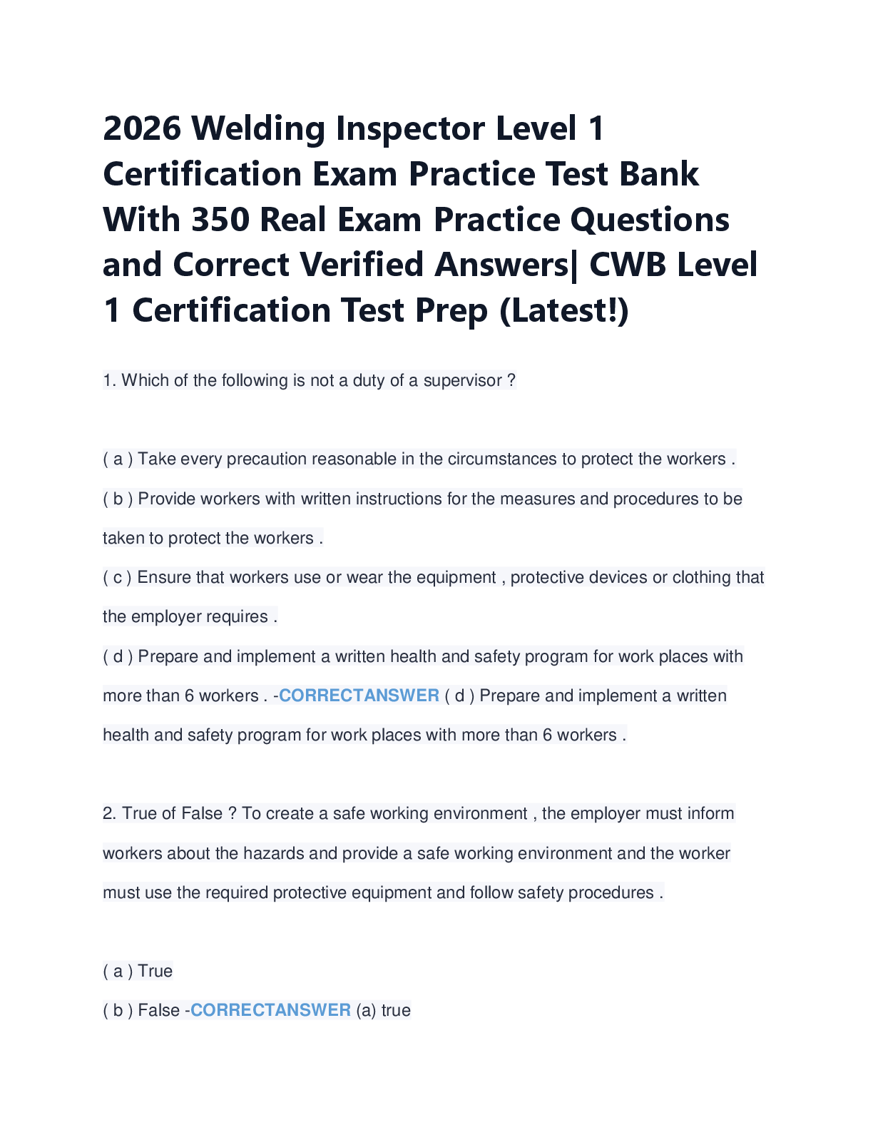 Recommended document preview for 2026 Welding Inspector Level 1  Certification Exam Practice Test Bank  With 350 Real Exam Practice Questions  and Correct Verified Answers| CWB Level  1 Certification Test Prep (Latest!)
