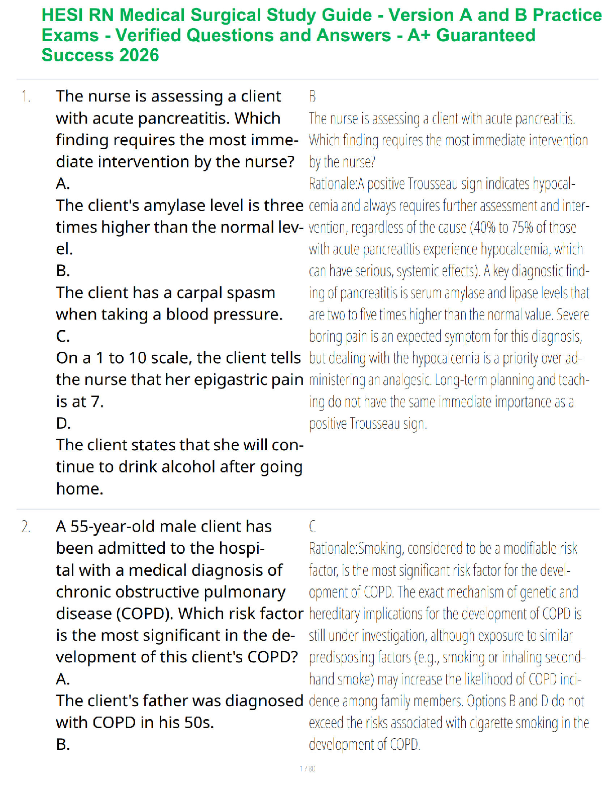 Preview of HESI RN Medical Surgical Study Guide - Version A and B Practice Exams - Verified Questions