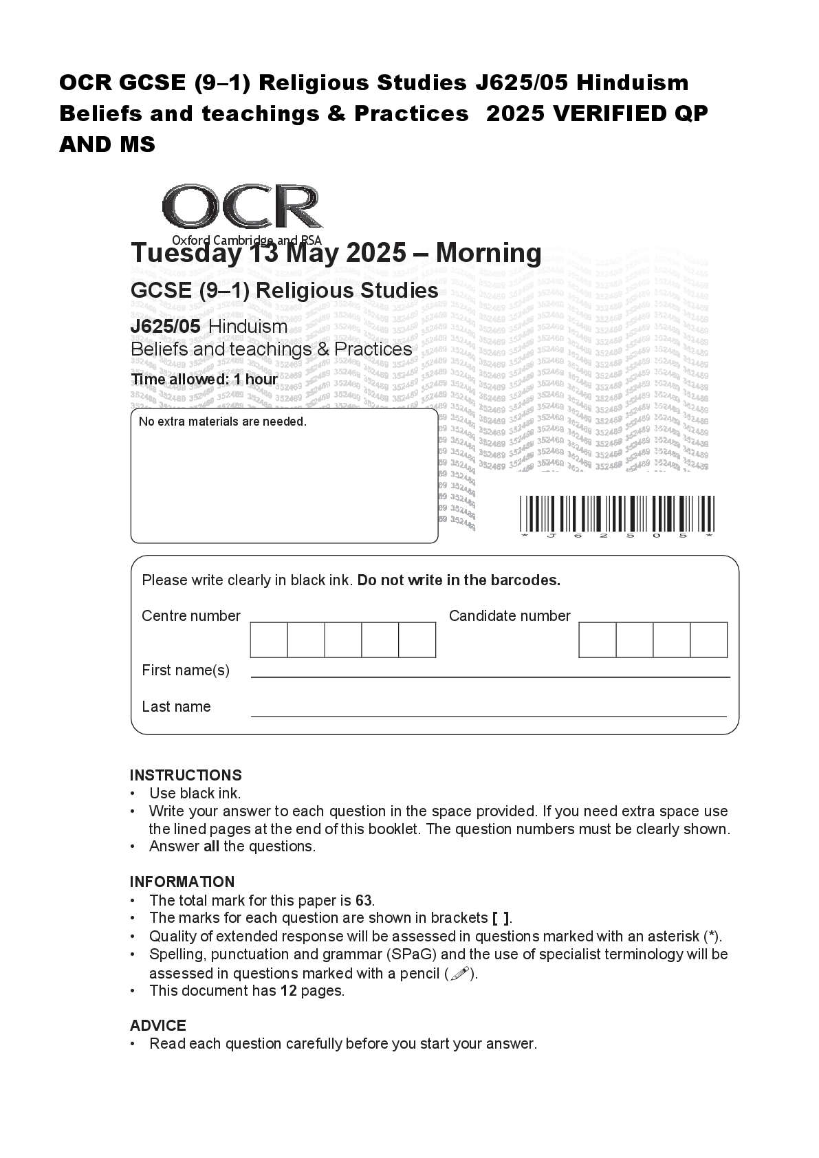 Recommended document preview for OCR GCSE (9–1) Religious Studies J625/05 Hinduism  Beliefs and teachings & Practices  2025 VERIFIED QP  AND MS