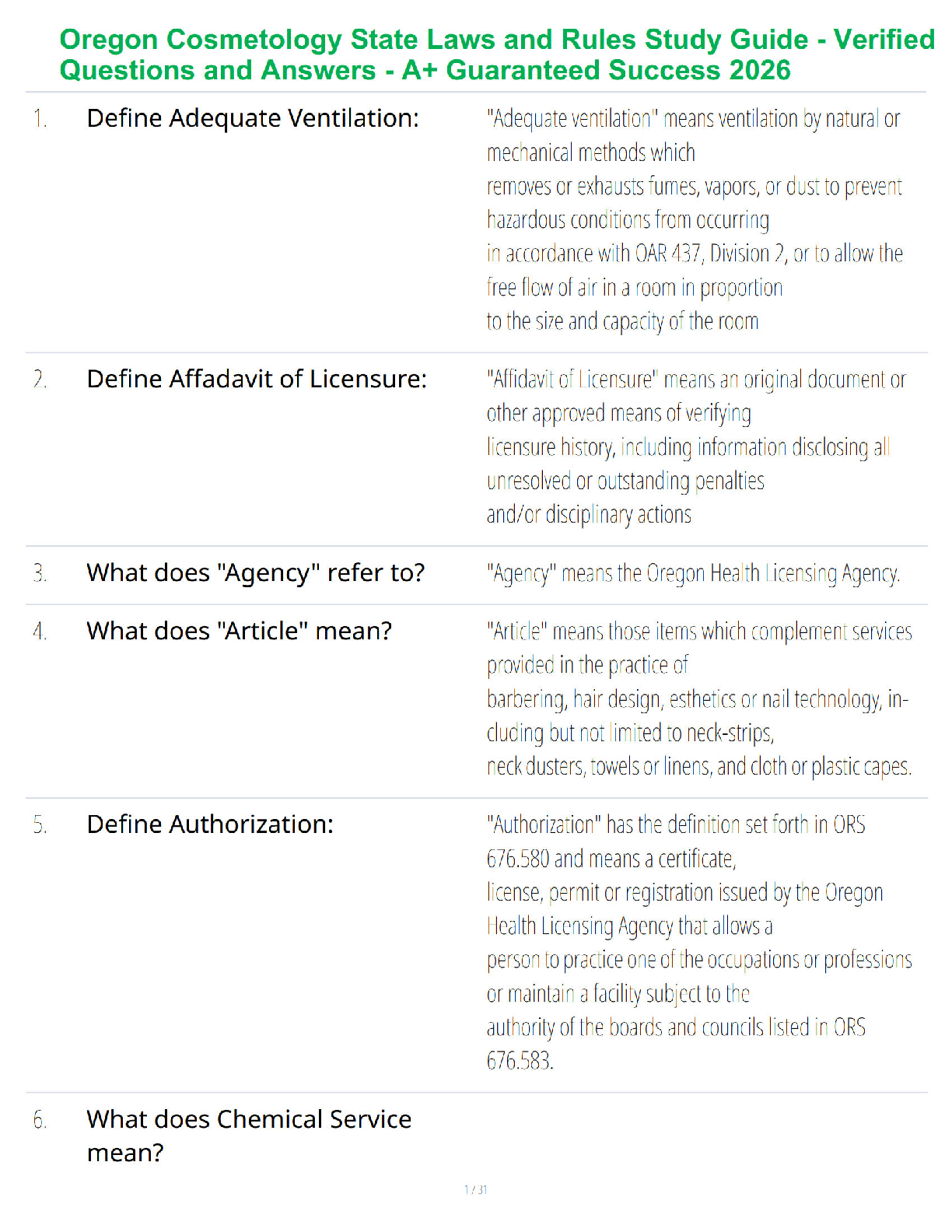Preview of Oregon Cosmetology State Laws and Rules Study Guide - Verified Questions and Answers - A+